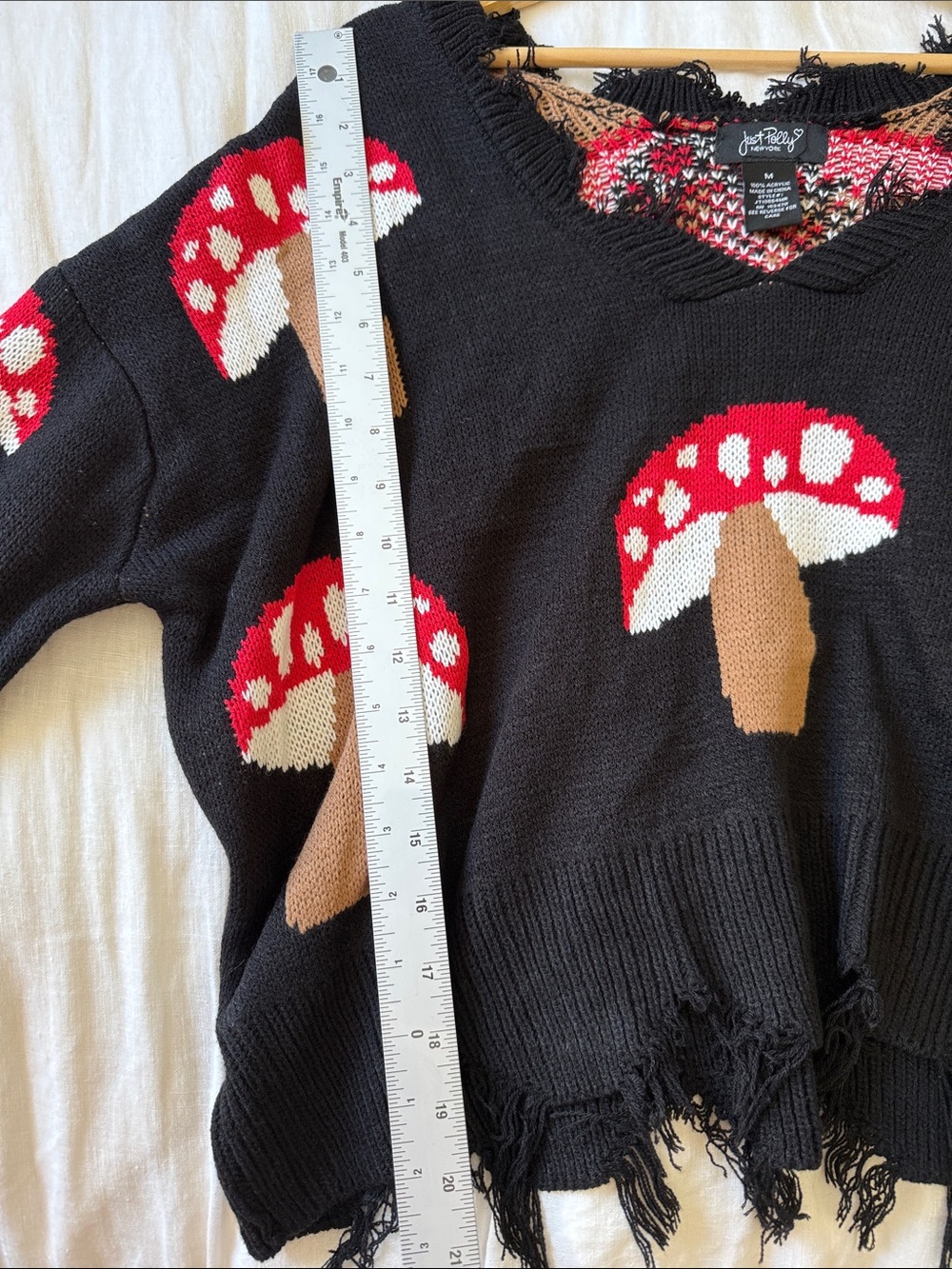 Just Polly NY Mushroom Distressed Knit Sweater Black Red Edgy Whimsygoth Size M - Picture 6 of 7